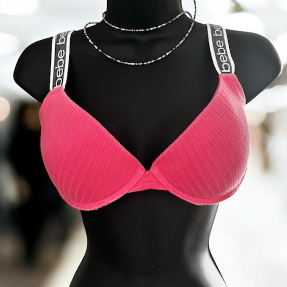 Bebe Hot Pink Bra with Wide Branded Straps Size 36B Thickly Padded & Supportive